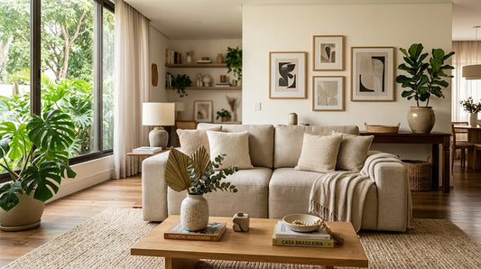 Sala de estar aconchegante decorada com objetos de decoração, quadros e plantas