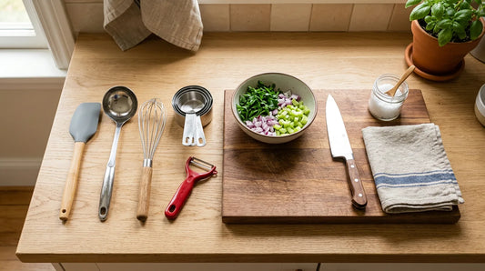 Utensílios de cozinha práticos organizados sobre bancada de madeira