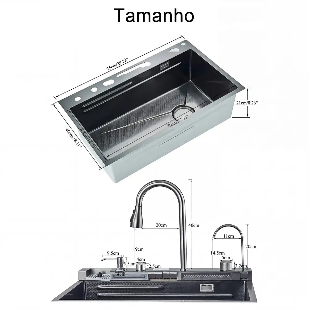 Pia de Cozinha Cuba Cascata Inox com Torneira e Acessórios Gourmet