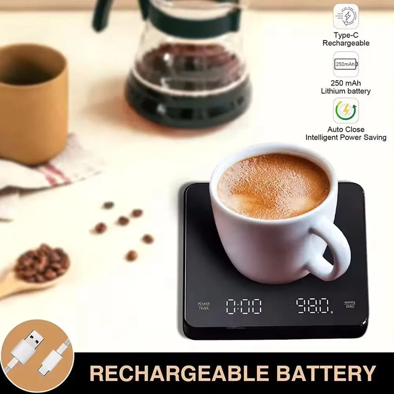 Balança Digital Recarregável para Café com Temporizador - 0.1g dePrecisão