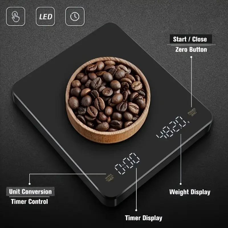 Balança Digital Recarregável para Café com Temporizador - 0.1g dePrecisão
