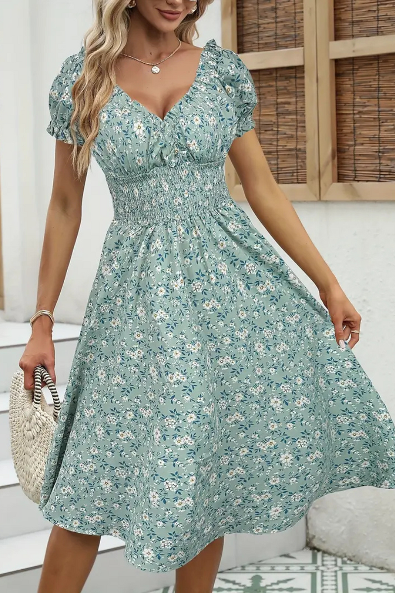 Vestido Midi Feminino Floral com Decote V