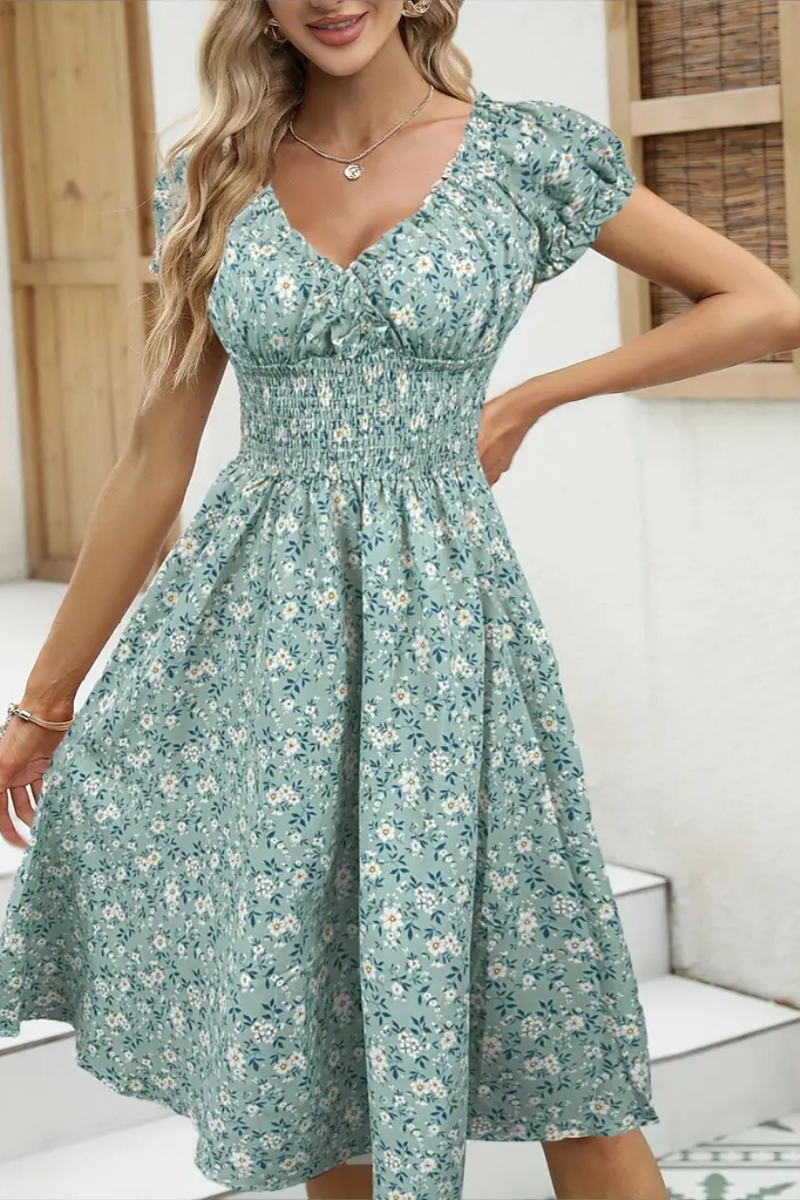Vestido Midi Feminino Floral com Decote V