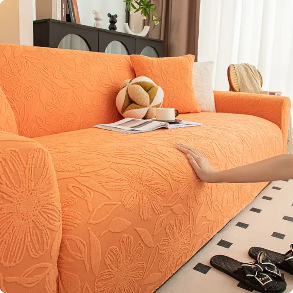 Capa de Sofá Bloom Premium | Textura Floral em Relevo e Toque Aconchegante - Laranja / 1 Lugar 90-140cm - Capa de Sofá
