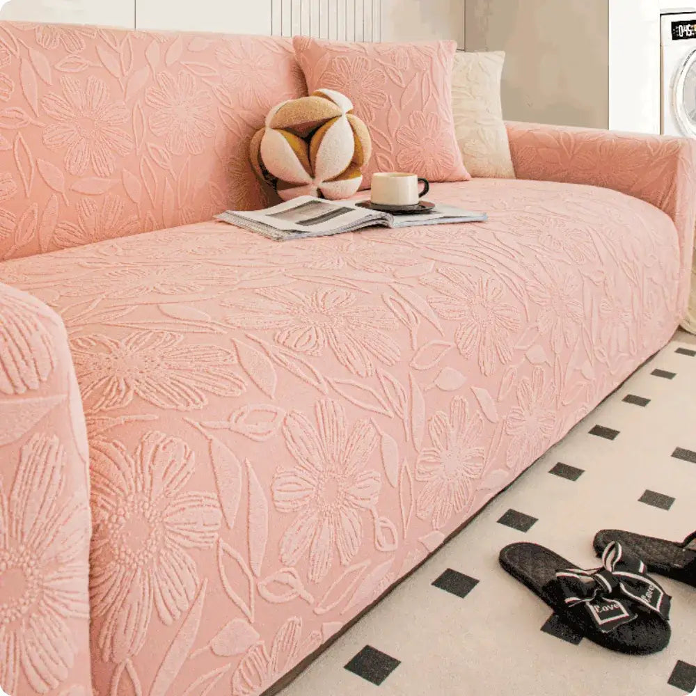 Capa de Sofá Bloom Premium | Textura Floral em Relevo e Toque Aconchegante - Rosa / 1 Lugar 90-140cm - Capa de Sofá