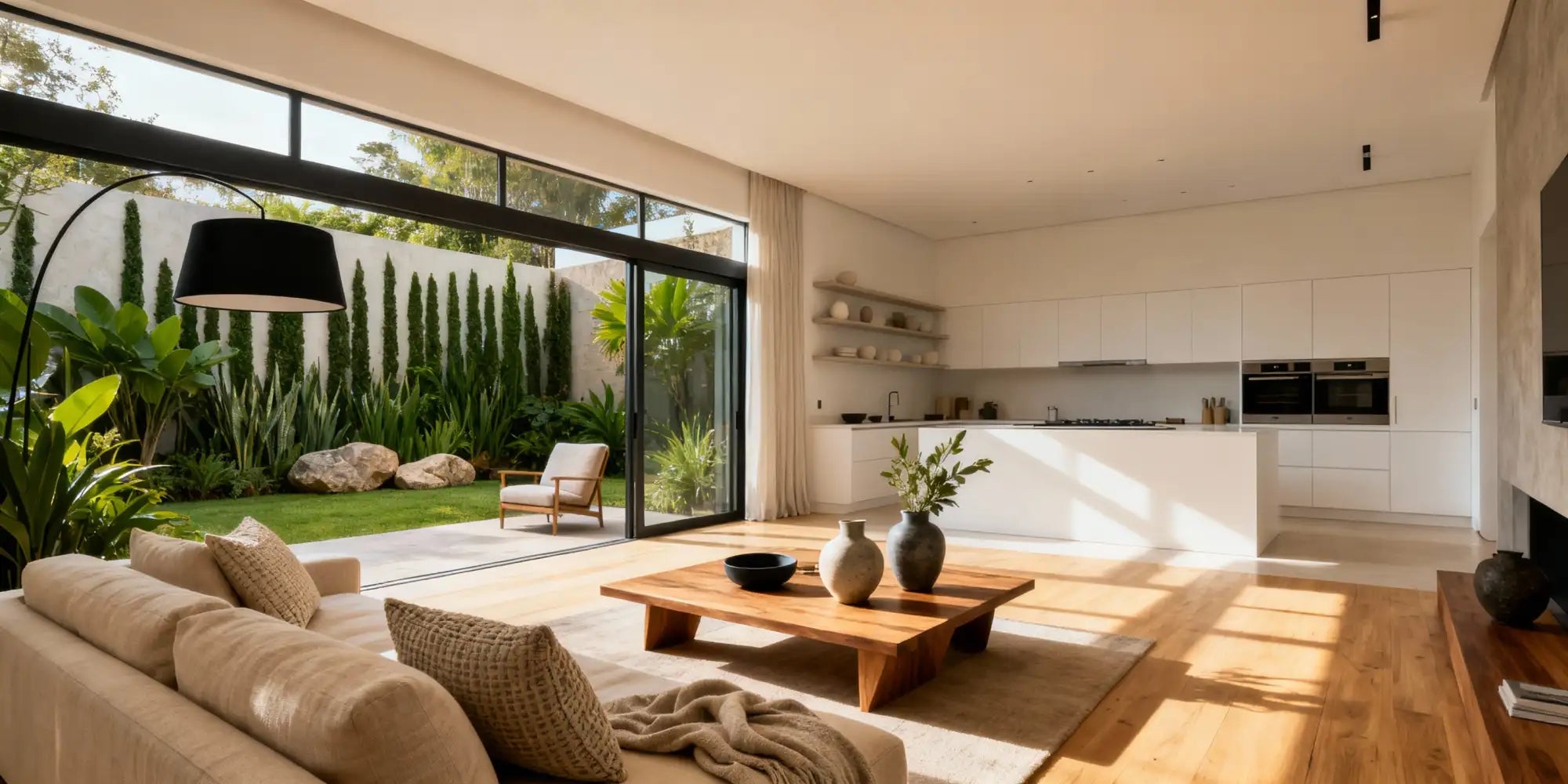 Ilha de cozinha moderna branca com bancada preta e eletrodomésticos de aço inoxidável elegantes.