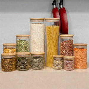 Kit 11 Potes de Vidro com Tampa de Bambu Herméticos Redondos - Pote de Vidro Hermético
