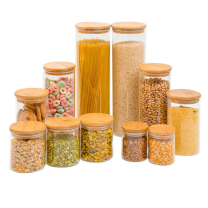 Kit 11 Potes de Vidro com Tampa de Bambu Herméticos Redondos - Pote de Vidro Hermético