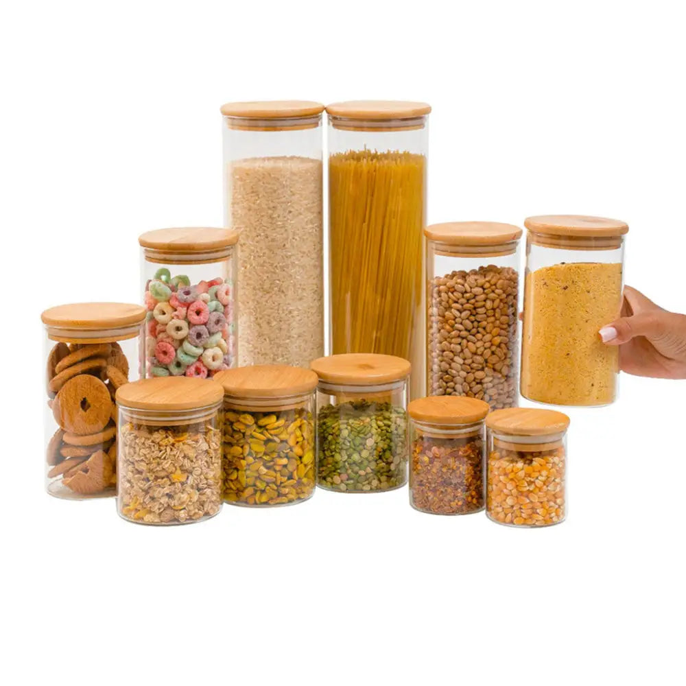 Kit 11 Potes de Vidro com Tampa de Bambu Herméticos Redondos - Pote de Vidro Hermético