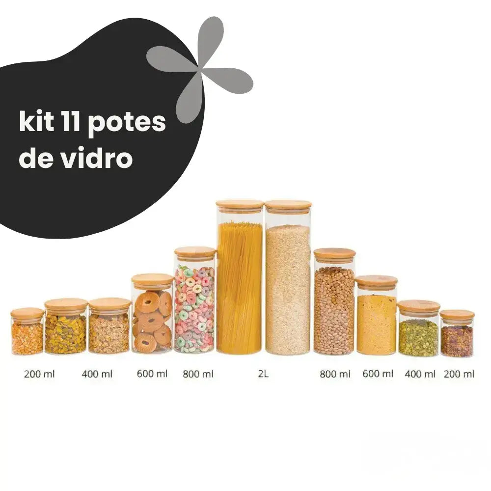 Kit 11 Potes de Vidro com Tampa de Bambu Herméticos Redondos - Pote de Vidro Hermético