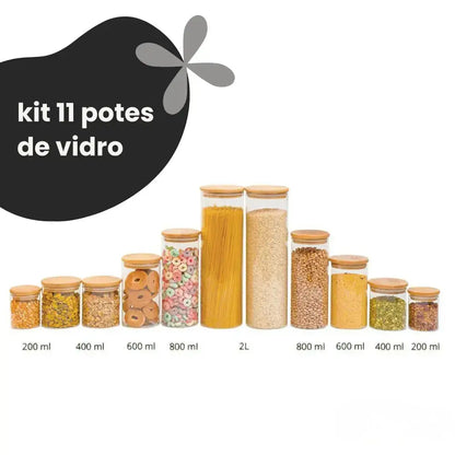 Kit 11 Potes de Vidro com Tampa de Bambu Herméticos Redondos - Pote de Vidro Hermético