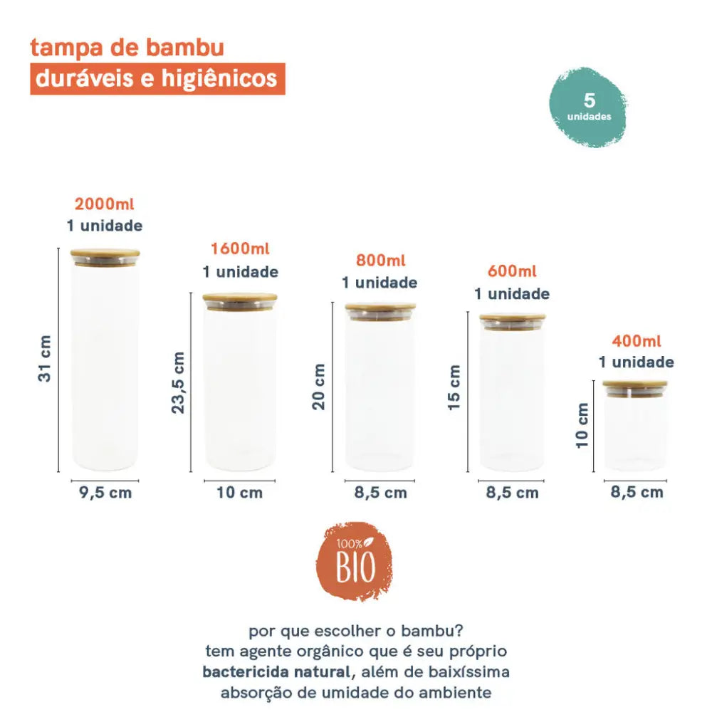 Kit 5 Potes de Vidro com Tampa de Bambu Herméticos Redondos - Pote de Vidro Hermético
