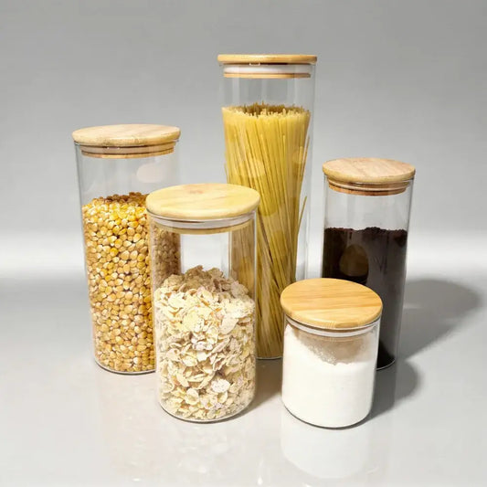 Kit 5 Potes de Vidro com Tampa de Bambu Herméticos Redondos - Pote de Vidro Hermético