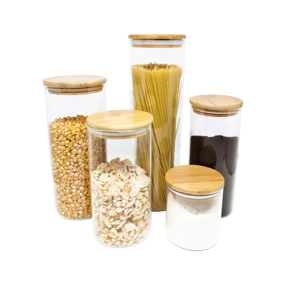Kit 5 Potes de Vidro com Tampa de Bambu Herméticos Redondos - Pote de Vidro Hermético