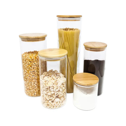Kit 5 Potes de Vidro com Tampa de Bambu Herméticos Redondos - Pote de Vidro Hermético