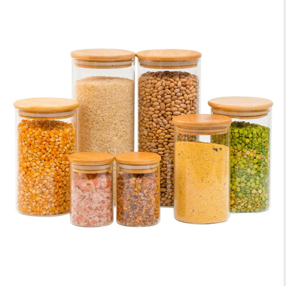 Kit 7 Potes de Vidro com Tampa de Bambu Herméticos Redondos