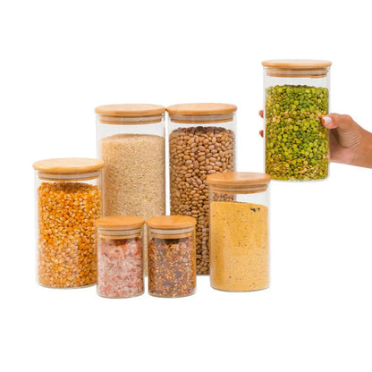 Kit 7 Potes de Vidro com Tampa de Bambu Herméticos Redondos