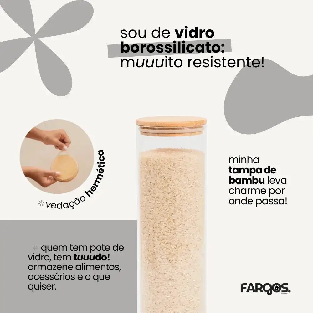 Kit 7 Potes de Vidro com Tampa de Bambu Herméticos Redondos - Pote de Vidro Hermético