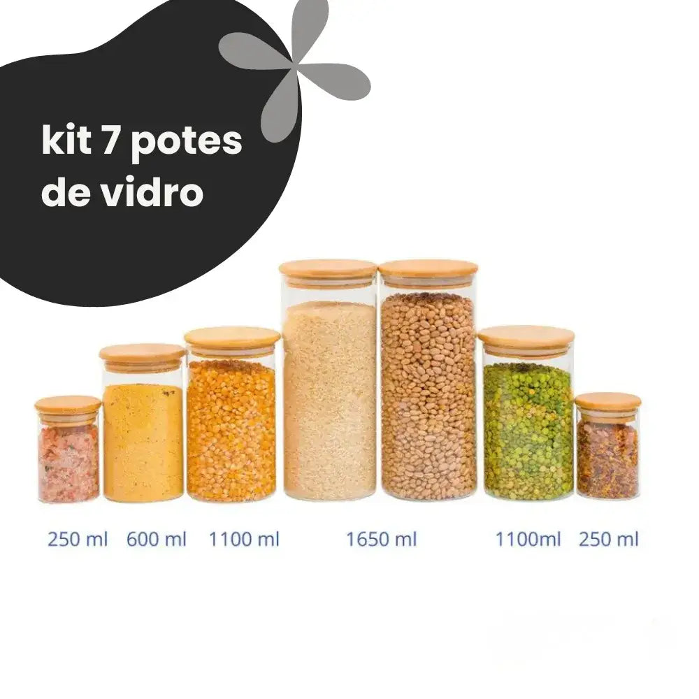 Kit 7 Potes de Vidro com Tampa de Bambu Herméticos Redondos - Pote de Vidro Hermético