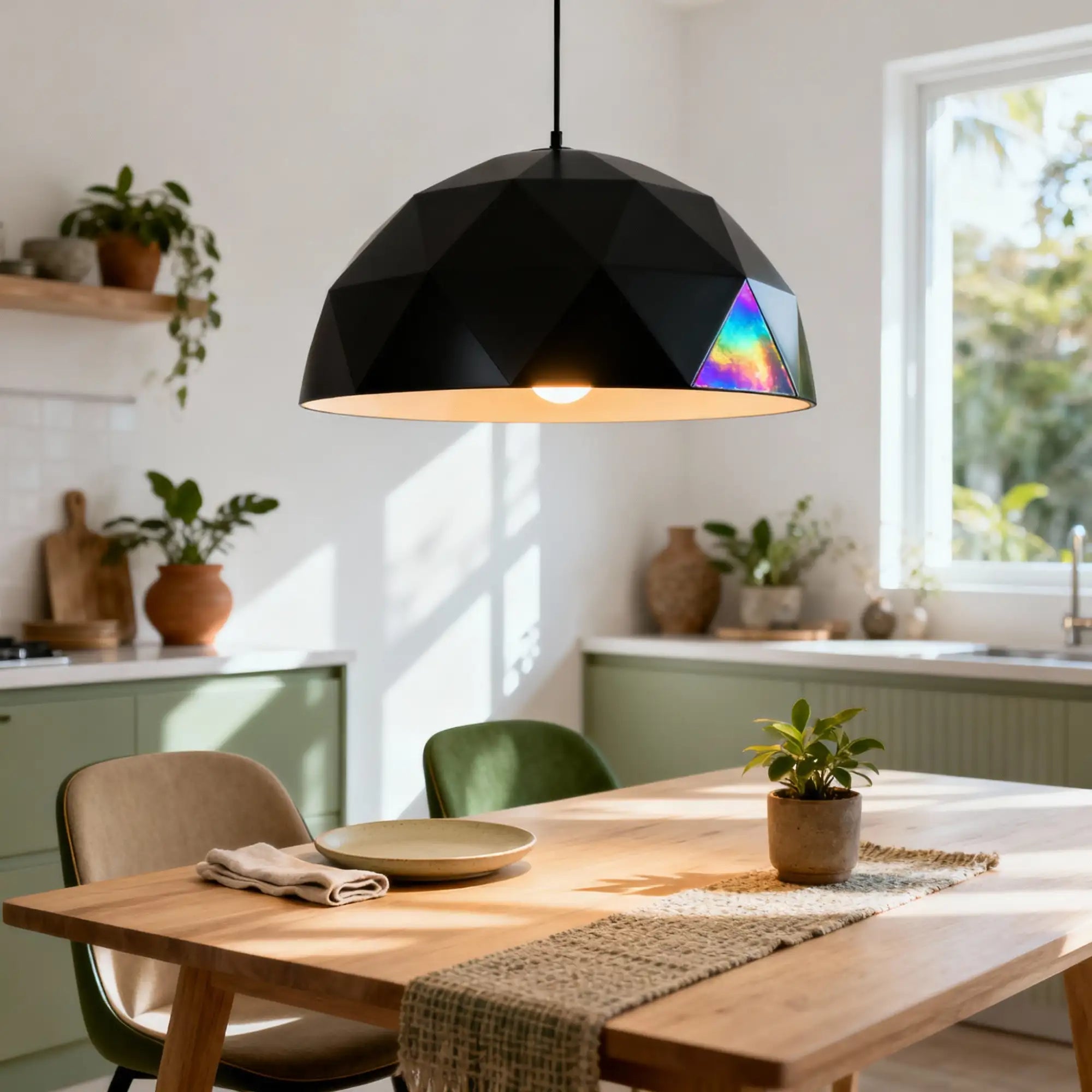 Luminária de pêndulo geométrica preta com efeito de prisma arco-íris, design moderno.