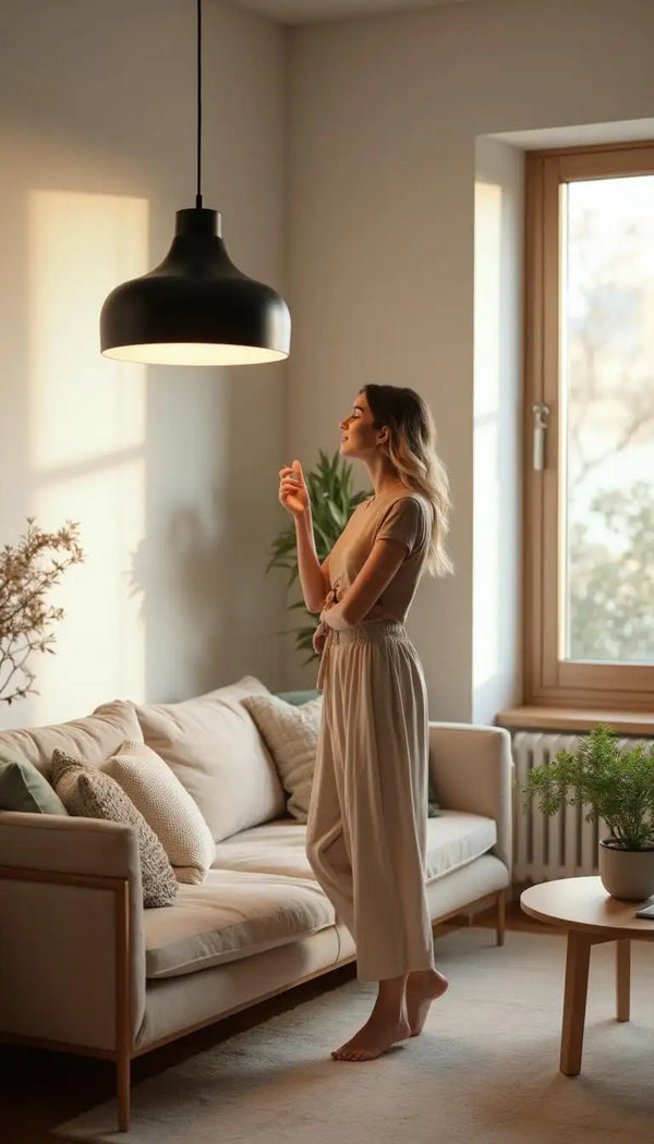 Luminária de pêndulo preta com design moderno e estética minimalista.