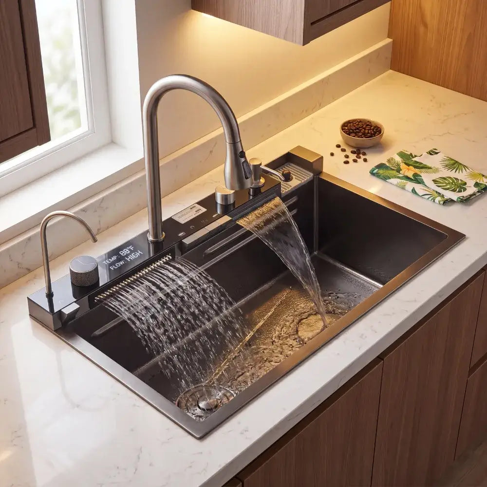 Pia de Cozinha Cuba Cascata Inox com Torneira e Acessórios Gourmet - Cuba Cozinha