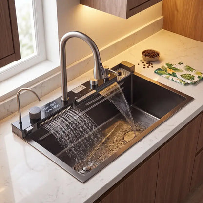Pia de Cozinha Cuba Cascata Inox com Torneira e Acessórios Gourmet - Cuba Cozinha