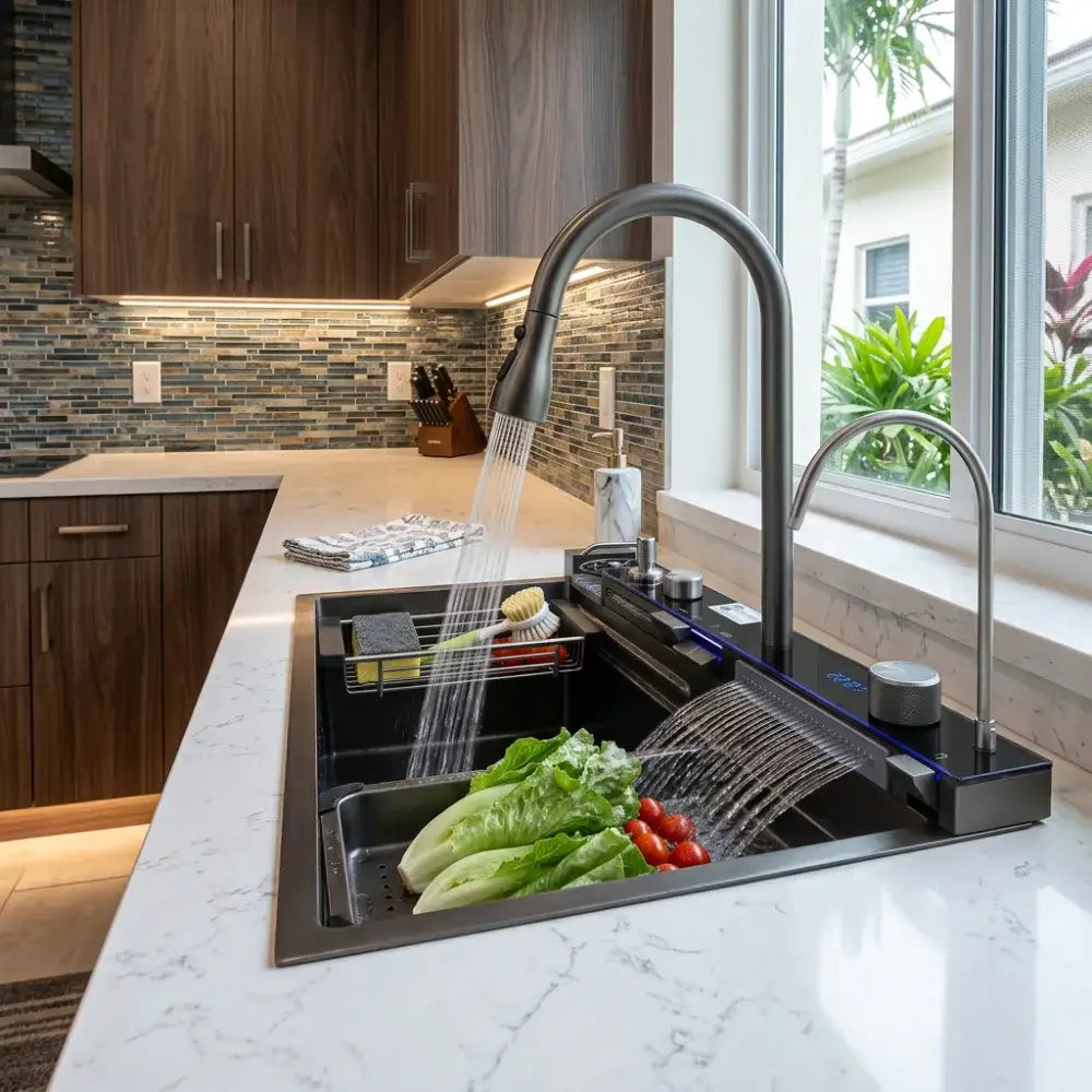 Pia de Cozinha Cuba Cascata Inox com Torneira e Acessórios Gourmet - Cuba Cozinha