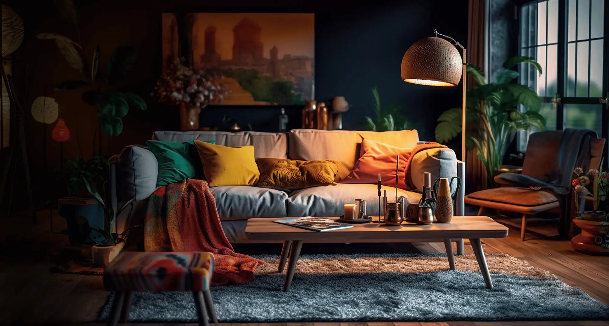 Sofá azul e cinza com almofadas coloridas, pernas de madeira e design moderno.