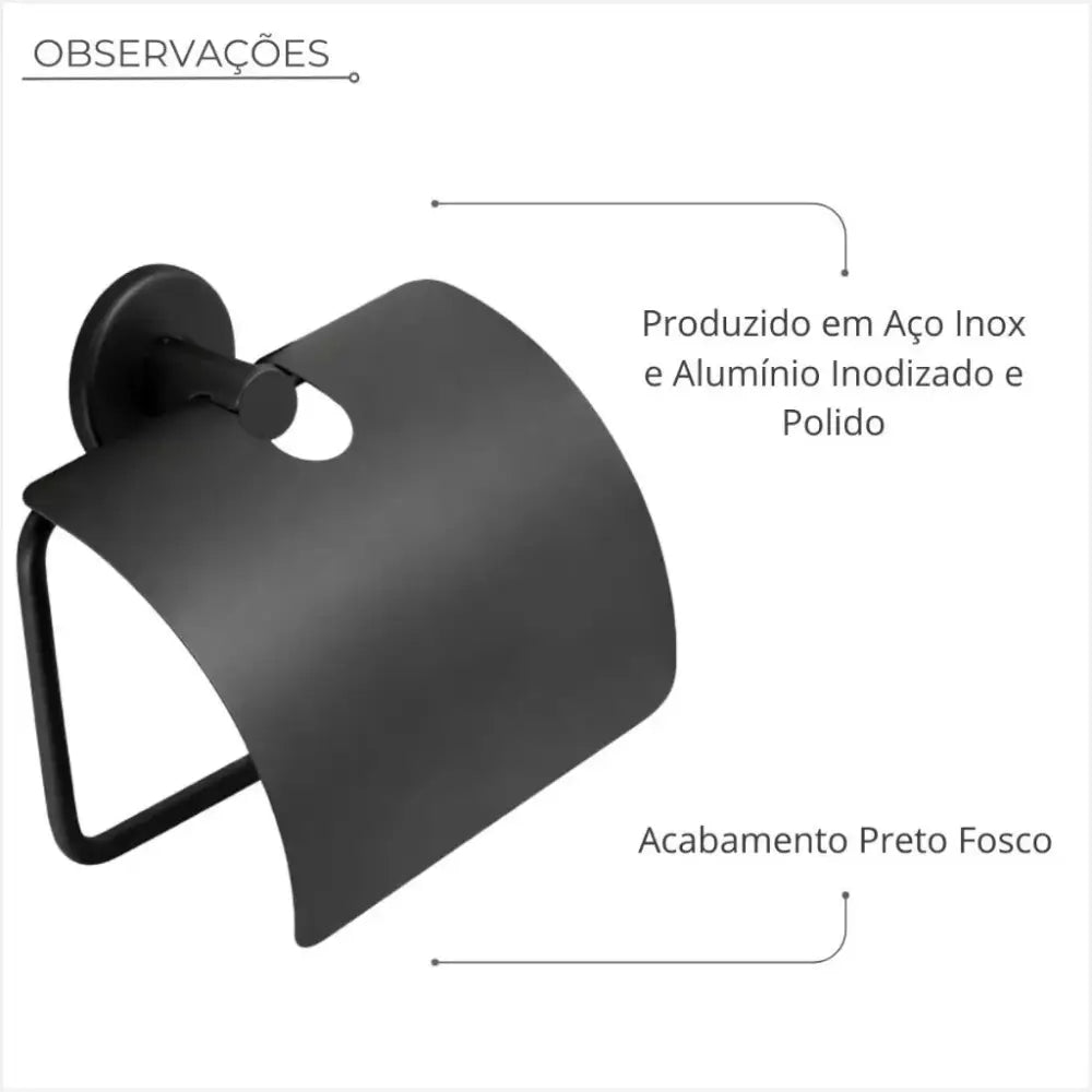Suporte Papel Higiênico Inox Preto Fosco com Tampa - Loja Fargos
