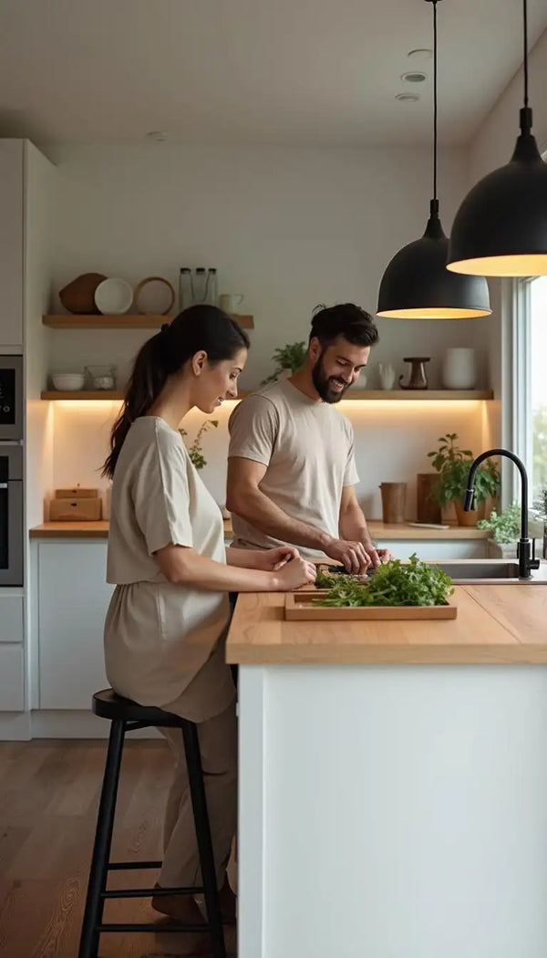 Tábua de corte de madeira com ervas verdes e conjunto de facas sobre ela.